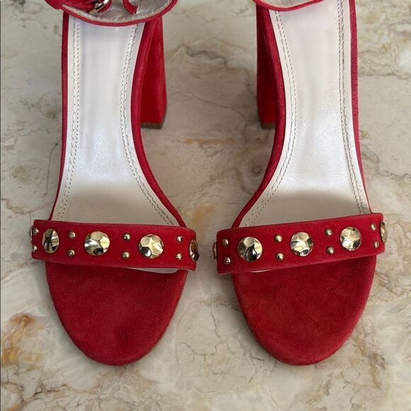 Maje Faria Red Suede Studded Chunky Heel Ankle Strap Sandals - Picture 8 of 14